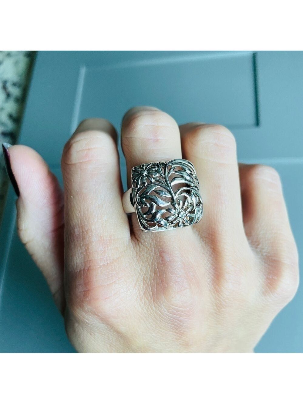 OpenWork Floral Filigree Square Sterling Silver Ring - Picture 9 of 10
